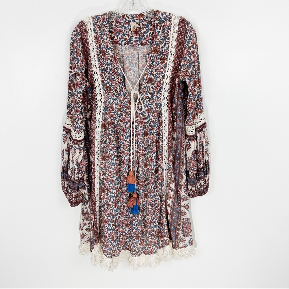 Raga Floral Long Sleeve Fringe Hem Dress Small